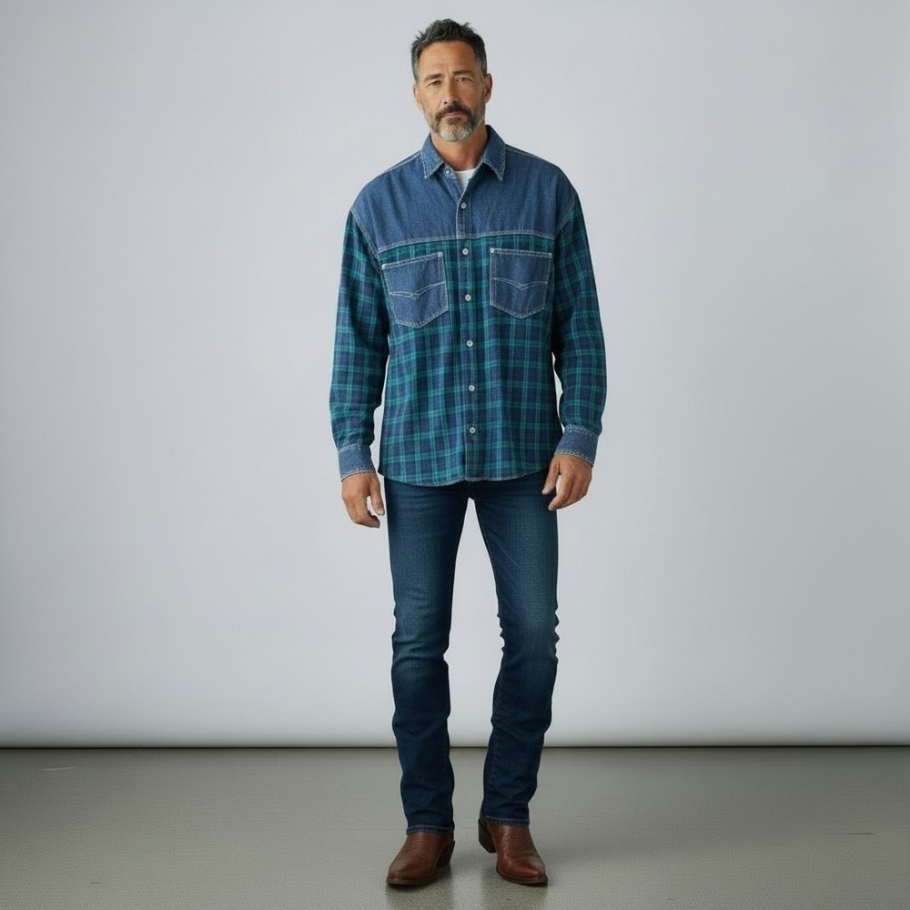 VTG American Crusader Mens Plaid Flannel Denim Mixed Media Button Down Shirt 17
